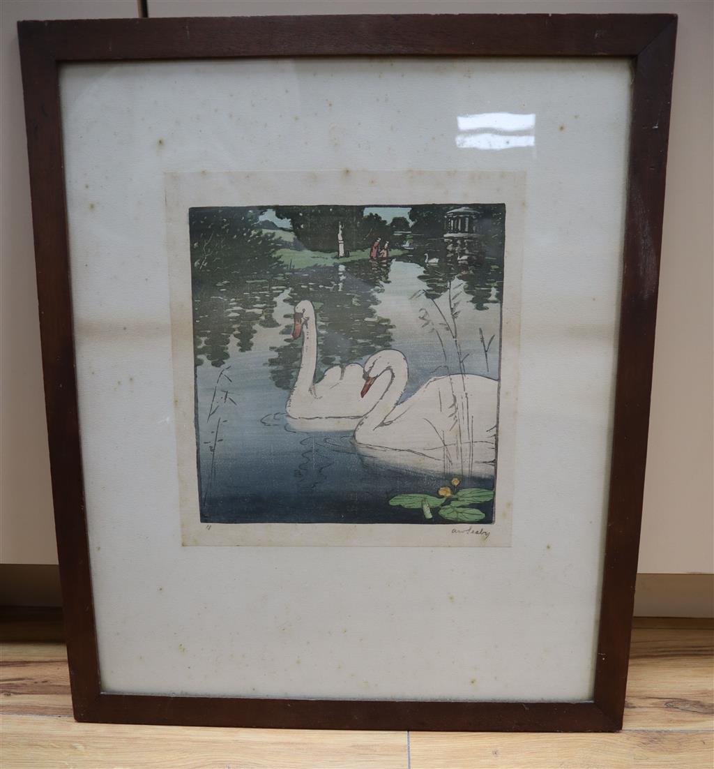 Allen William seaby (1863-1957), wood engraving, Swans on a lake, signed in pencil and numbered 18, overall 26 x 24cm